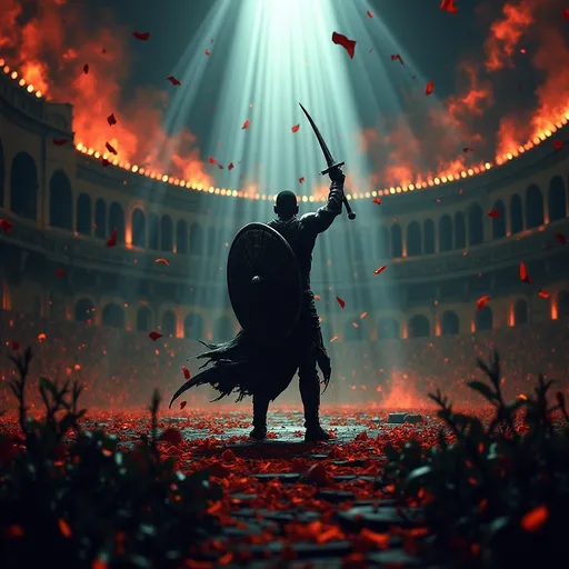 Prompt: Gladiator standing at the center of a colosseum. His hands raised with weapon and shield, crowd throwing roses around him.