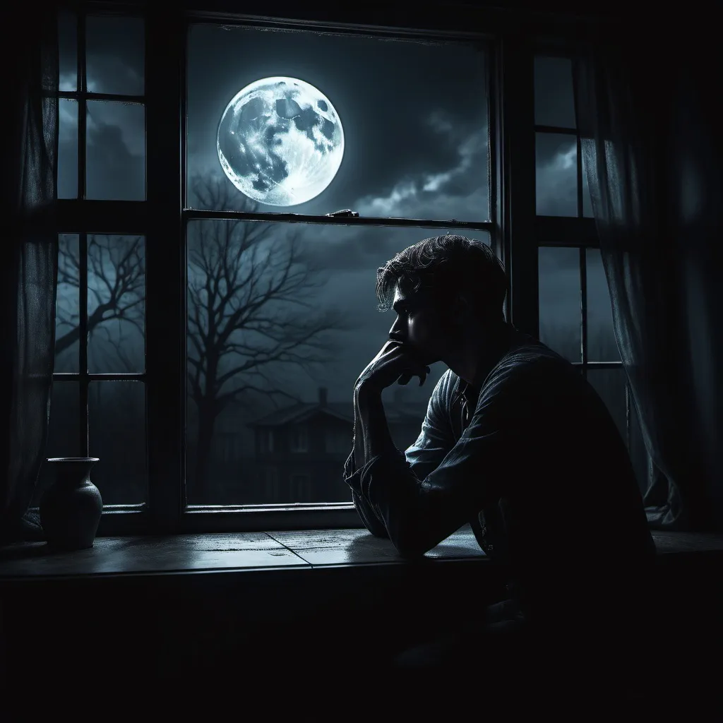 Prompt: Dark silhouette of man staring out a window in a dark room. Moonlight, full moon. Both hands on the window, sad, gloomy, desolate.