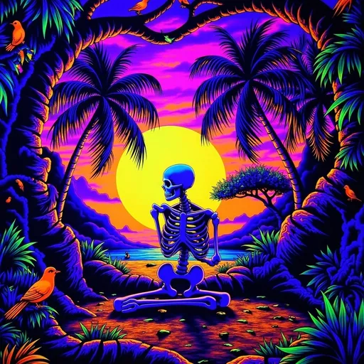 Prompt: (accurately spelled text "Memento Mori" in the ground), (accurately spelled text “Memento Viviere” in the sky) intricately detailed skeleton, deeply contemplative pose, surrounded by vibrant birds, lush palm trees framing the scene, stunning sunset casting warm golden and rich purple hues, serene yet thought making ambiance, soft, cinematic lighting, ultra-detailed, high-resolution, capturing the juxtaposition of life and death.