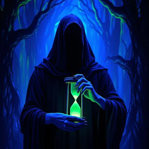 Prompt: Grim Reaper (mysterious, hooded figure), holding an hourglass (intriguing detail), dramatic shadowy background, ethereal, darkly atmospheric, deep contrast between light and shadow, convey a sense of foreboding time, high depth cinematic masterpiece, fantastical essence, ultra-detailed, evokes contemplation and introspection, captures the essence of mortality and the passage of time. (Black light art)