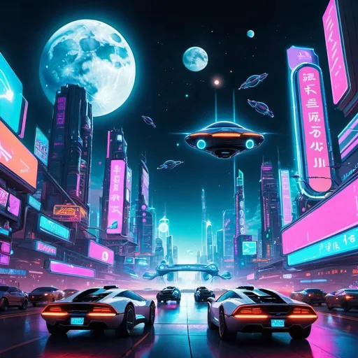 Prompt: A futuristic city with neon lights, flying cars, and holographic billboards, under a night sky with two moons.