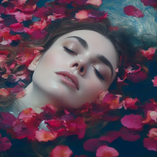 Prompt: <mymodel>(mymodel) woman submerged in crystal-clear water, looking upwards with serene expression, surrounded by vibrant rose petals drifting gracefully, soft diffused lighting casting gentle reflections, dreamy atmosphere, tranquil vibes, slight ripples creating mesmerizing patterns in the water, ultra-detailed, 4K, cinematic quality, ethereal beauty, poetic and romantic setting. Masterpiece quality.