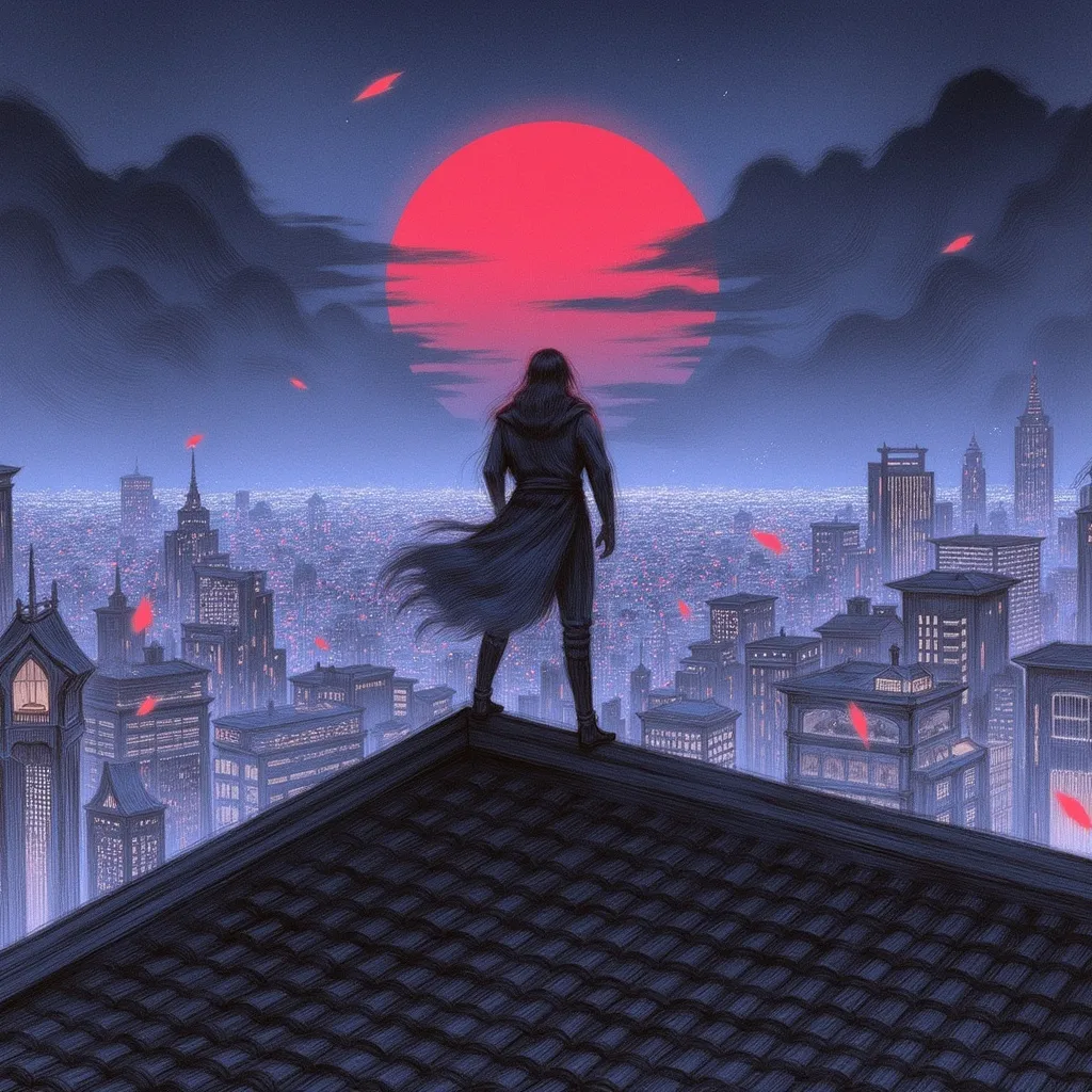 Prompt: ninja Ryu Hayabusa (Ninja Gaiden) standing on a hogyo style rooftop. Overlooking a Japanese style futuristic city. Neon lights, masterpiece quality, high resolution.