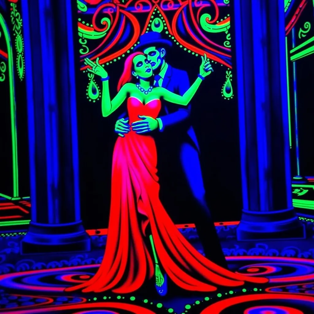 Prompt: (Día de los Muertos couple dancing), elegant red dress, sophisticated blue suit, dynamic pose, vivid detailed expressions, (black light art), glowing neon colors against dark backdrop, atmospheric Victorian setting with ornate decor, high contrast and striking illumination, (ultra-detailed), graceful movement, mesmerizing and enchanting ambiance reminiscent of a ballroom dance experience.