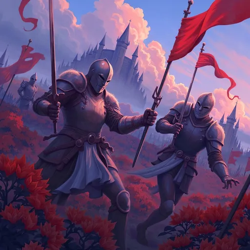 Prompt: (medieval battle scene), knights in armor clashing swords, intense expressions, dynamic action, banners waving in the wind, dramatic atmosphere, dusk lighting with shadows, vibrant colors of armor and weapons, background with a foggy landscape, towering castle in the distance, high detail (4K) illustration.