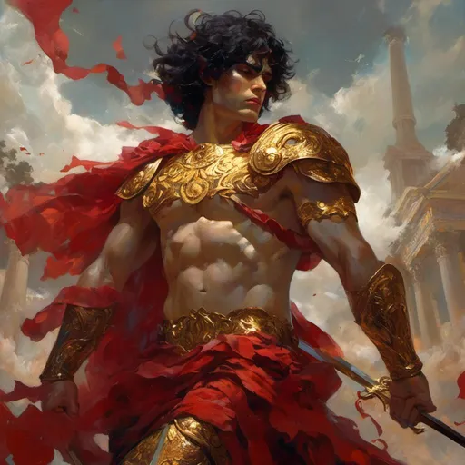 Prompt: <mymodel>Ares (Greek god of war), portrayed with intense and striking features, muscular physique, wearing ornate armor, holding a glistening sword, fierce expression, passionate and powerful stance, (dramatic lighting), (epic background of ancient ruins), (highly detailed), (mythological ambiance), vibrant colors of red and gold, evoking feelings of strength and valor, 4K resolution, ultra-detailed.