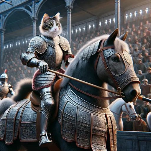 Prompt: Cat in full body armor riding a horse jousting dog in full body armor riding a horse. Detailed. Photorealistic 