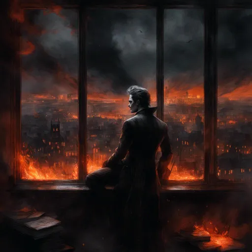 Prompt: <mymodel>(mymodel) joker from (DC Batman) perched on a window, gazing into a fiery cityscape, flames illuminated against a dark sky, dramatic tones, vivid reds and oranges, smoke swirling in the air, high detail, moody atmosphere, urban environment, nighttime, powerful contrast, cinematic lighting, ultra-detailed, surreal and intense emotional vibe.