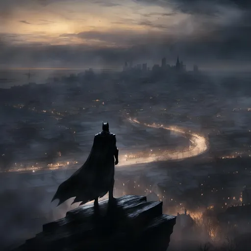 Prompt: <mymodel>(Batman standing on a cliff overlooking a city), dramatic pose, powerful silhouette, detailed cape fluttering in the wind, breathtaking skyline illuminated at dusk, vibrant city lights twinkling below, dark clouds looming, high contrast shadows, moody atmosphere, cinematic vibe, ultra-detailed, 4K quality, (intense focus), evoking a sense of vigilance and heroism.