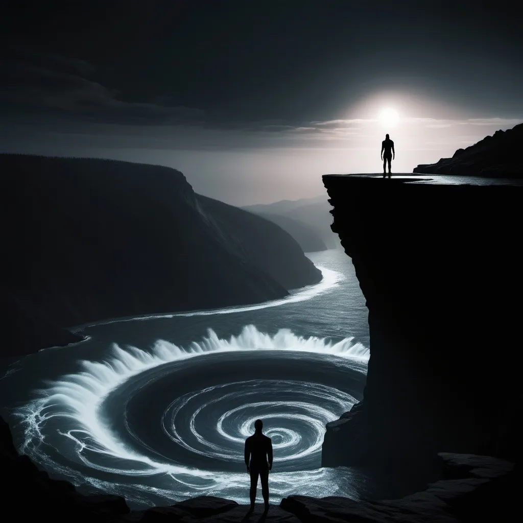 Prompt: Dark silhouette of a person standing on a cliff staring down at a whirlpool into another dimension