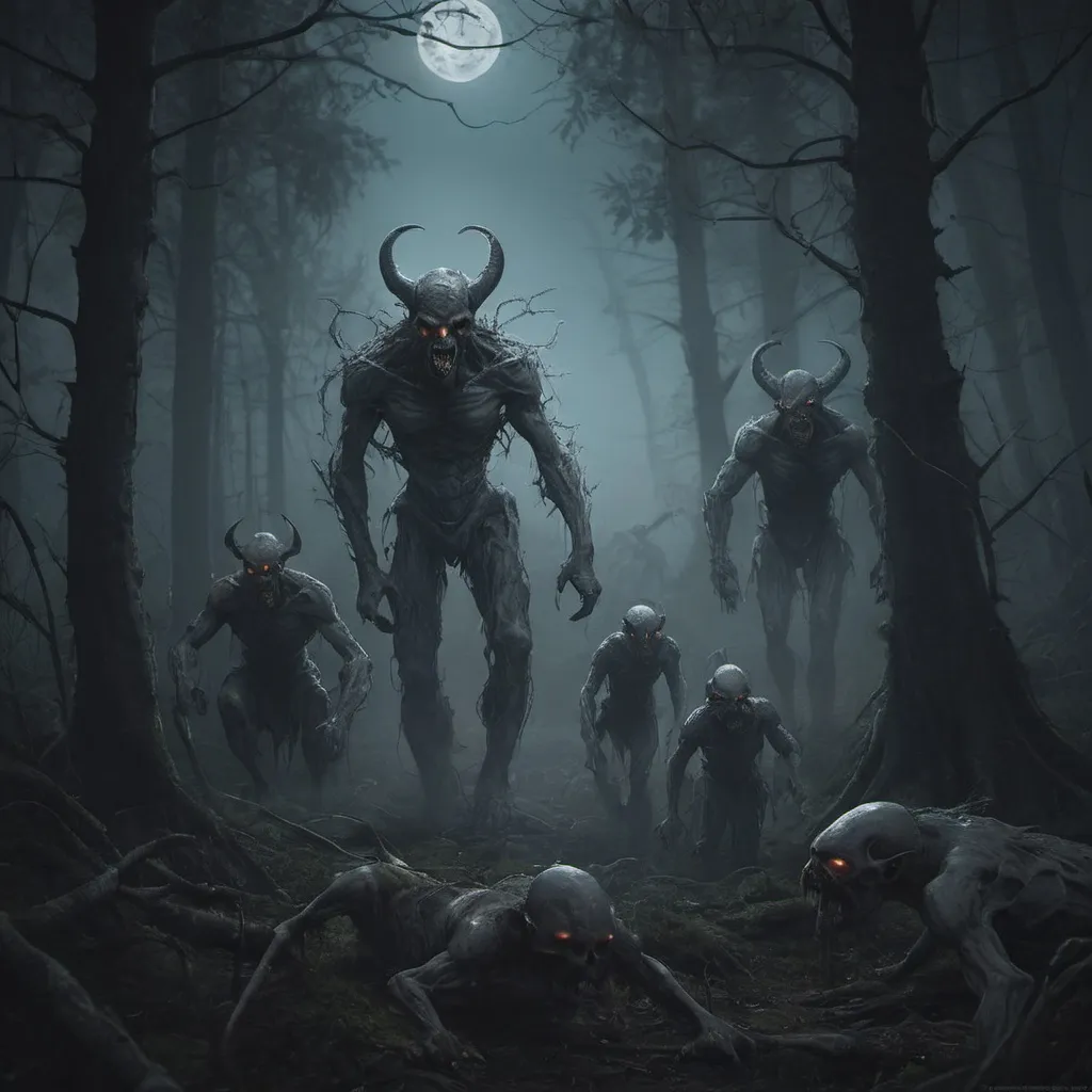 Prompt: Army of ghouls, phantoms, monsters, demons roaming. Dark forest, moonlit, deep fog, mythical forest.