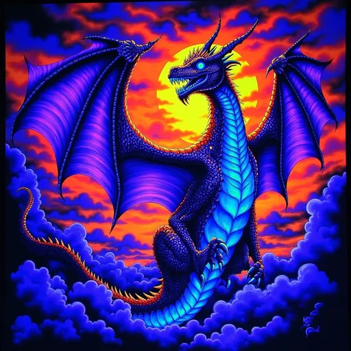 Prompt: (majestic dragon), vibrant scales with shimmering hues, intricate details and powerful wings, soaring through a dramatic sunset sky, creating a sense of awe, striking background with swirling clouds, richly saturated colors, ultra-detailed, mythic atmosphere, high-quality, cinematic ambiance, impressive artwork suitable for epic fantasy themes. (Black light art)