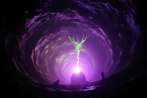 Prompt: (Giant void swirling with magical light on the under a tree), deep pit vortex, glowing neon colors, dark exterior, mysterious ambiance, energetic and ethereal light patterns swirling, grainy texture, low resolution for a vintage aesthetic, a surreal dream-like atmosphere. Capture the essence of magic and depth in this captivating scene.