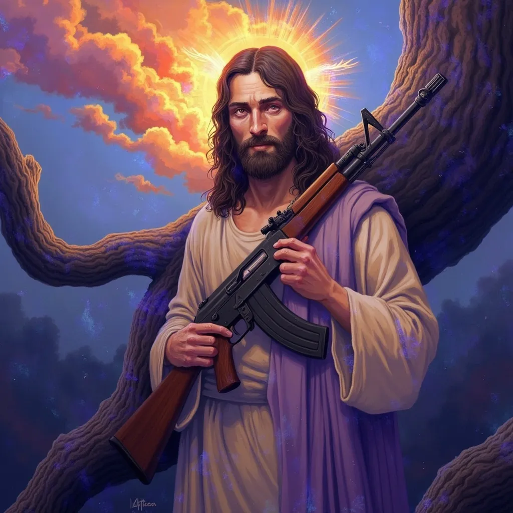 Prompt: Jesus holding an AK-47, (striking pose), dramatic lighting, vivid colors, intense expression, (symbolic reinterpretation), halo effect, contrasting background with celestial elements, deep shadows, visual juxtaposition, high detail, 4K resolution, emotionally charged atmosphere.