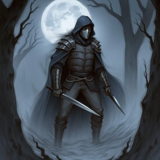 Prompt: (Preyer Witch hunter), dramatic pose in a moonlit forest, wearing rugged leather armor with a hood and a cloak silver mask, holding a silver sword and a flint lock pistol, intense expression, atmospheric mist swirling around, vibrant shadows and dynamic contrasts, rooted in folklore with gothic elements, deeply engaging and mysterious ambiance, (ultra-detailed) depiction, 4K resolution.