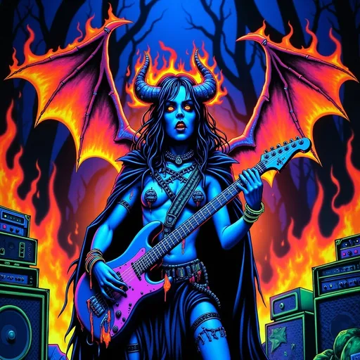 Prompt: Horned goddess, glowing hazel eyes, crown of fire, bat wings, glowing tattoos, piercings, tattered clothing. Destroyed cape, on a stage in a forest playing a guitar made of flesh and bone. Giant amplifiers fire surrounding the stage.