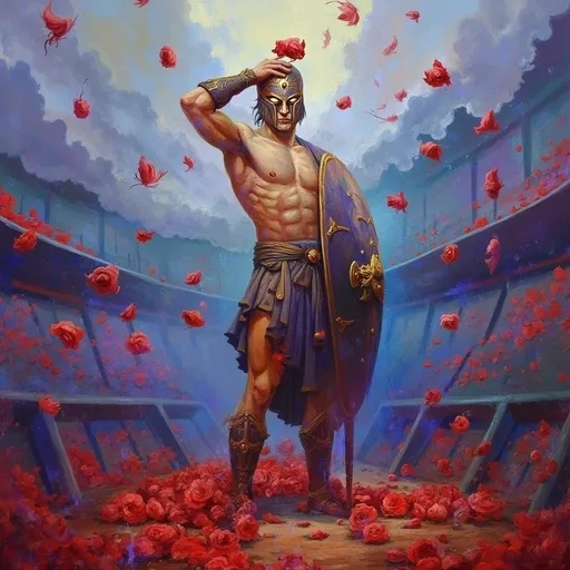 Prompt: Gladiator standing at the center of a colosseum. His hands raised with weapon and shield, crowd throwing roses around him.