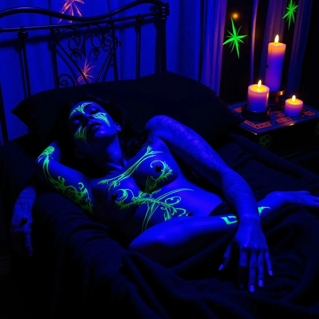 Prompt: dark haired demon horned woman lying in bed sleeping peacefully. Tattooed. Dark atmosphere. Candles illuminated room. Black bed. (Black light art)