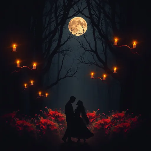 Prompt: dark forest moon lit candles on the branches. Fire flies. Black silhouette of man and woman waltzing in a bed of flowers.