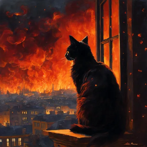 Prompt: <mymodel>(mymodel) cat perched on a window, gazing into a fiery cityscape, flames illuminated against a dark sky, dramatic tones, vivid reds and oranges, smoke swirling in the air, high detail, moody atmosphere, urban environment, nighttime, powerful contrast, cinematic lighting, ultra-detailed, surreal and intense emotional vibe.