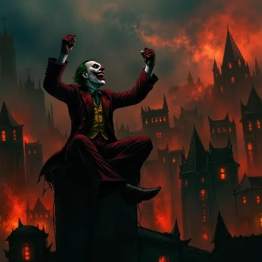 Prompt: joker from (DC Batman). perched on a window, hands in the air in triumph, gazing into a fiery cityscape, flames illuminated against a dark sky, dramatic tones, vivid reds and oranges, smoke swirling in the air, high detail, moody atmosphere, urban environment, nighttime, powerful contrast, cinematic lighting, ultra-detailed, surreal and intense emotional vibe.