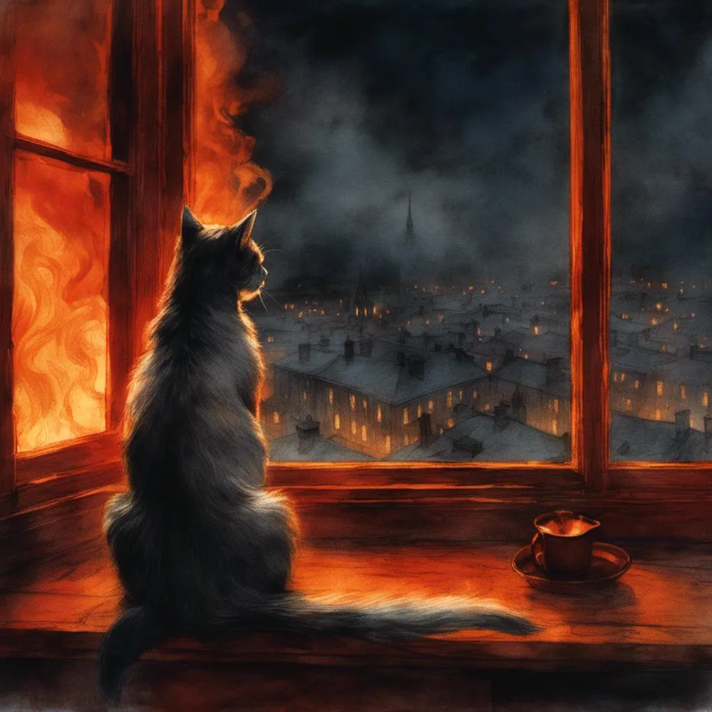 Prompt: <mymodel>(mymodel) cat perched on a window, gazing into a fiery cityscape, flames illuminated against a dark sky, dramatic tones, vivid reds and oranges, smoke swirling in the air, high detail, moody atmosphere, urban environment, nighttime, powerful contrast, cinematic lighting, ultra-detailed, surreal and intense emotional vibe.