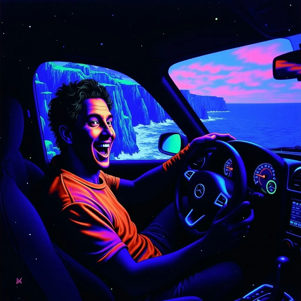 Prompt: close-up shot of a man (smiling) in the driver's seat, car (falling off a cliff), breathtaking scenic backdrop, dramatic cliffs, vast ocean below, muted colors, natural light, tension-filled atmosphere, (black light art)