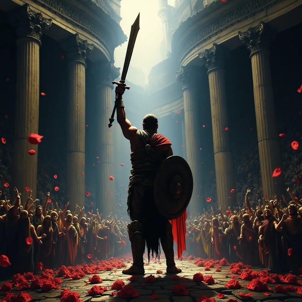 Prompt: Gladiator standing at the center of a colosseum. His hands raised with weapon and shield, crowd throwing roses around him.