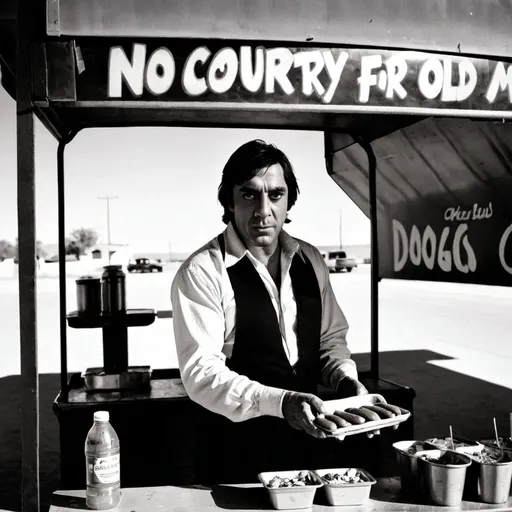 Prompt: No country for old men. Javier Ángel Encinas Bardem. Selling hot dogs at a hot dog stand.