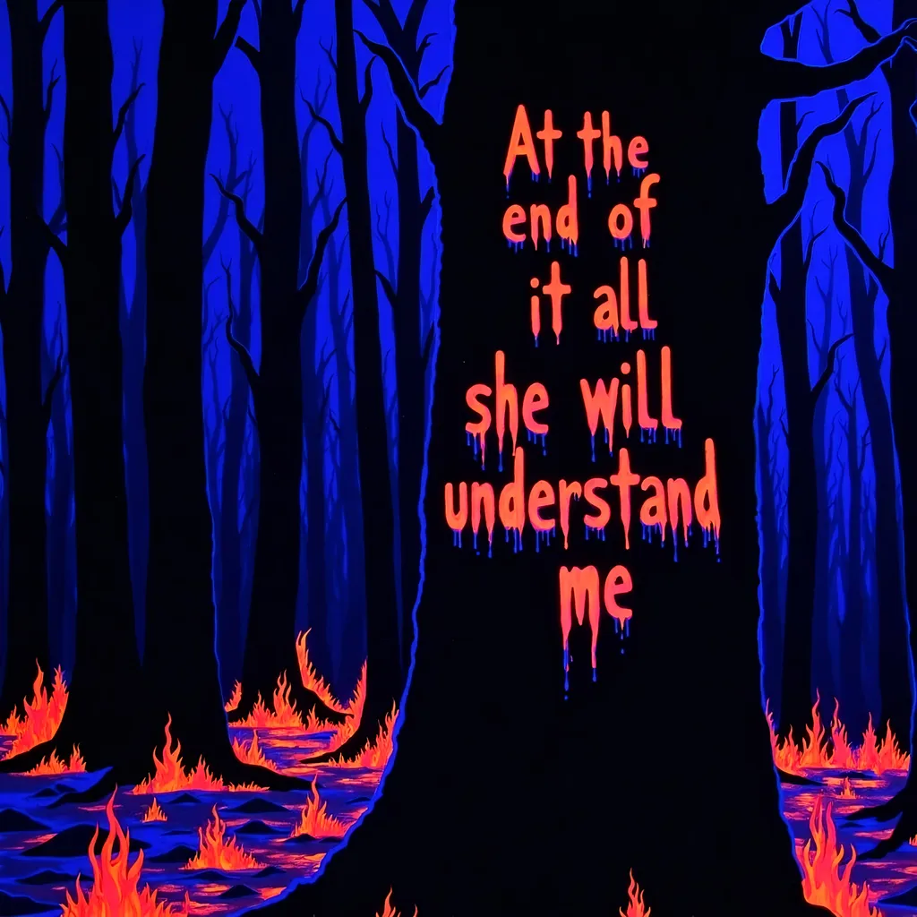 Prompt: (accurately spelled text “At the end of it all she will understand me." Burned on a tree) burning forest