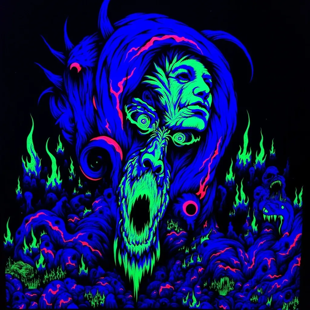 Prompt: Vampire, (black light art), haunting gaze, neon glow, eerie atmosphere, dark background, intricate patterns, luminescent colors, dynamic contrast, mysterious vibe, bold strokes, high detail, vivid and dramatic, surreal depictions, thick lines for emphasis, captivating presence, ethereal ambiance, glowing expressions, striking visual impact, (ultra-detailed), emphasis on shadows and highlights.