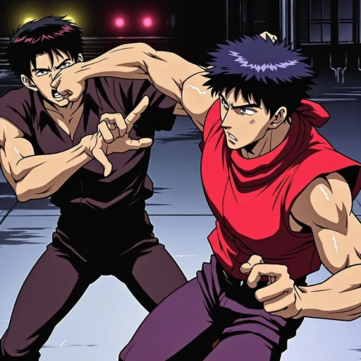 Prompt: (ultra-detailed) action scene of two men fighting, intense expressions, dynamic poses, dramatic motion blur, energy and tension in the air, modern urban background, dim lighting with highlighted faces, capturing raw emotions, powered by vibrant colors, conveying a sense of conflict and struggle, HD captivating atmosphere.