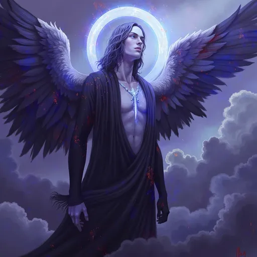 Prompt: Lucifuge Rofocale (Light-Bringer) male fallen angel, (ethereal and haunting), dramatic wings, dark flowing robes, piercing gaze, mystical light emanating from halo, celestial background filled with turbulent clouds, moody atmosphere contrasting light and shadow, intricate details in feathers and fabric, ultra-detailed, high definition, vibrant colors merging with dark tones, a sense of power and vulnerability intertwined.