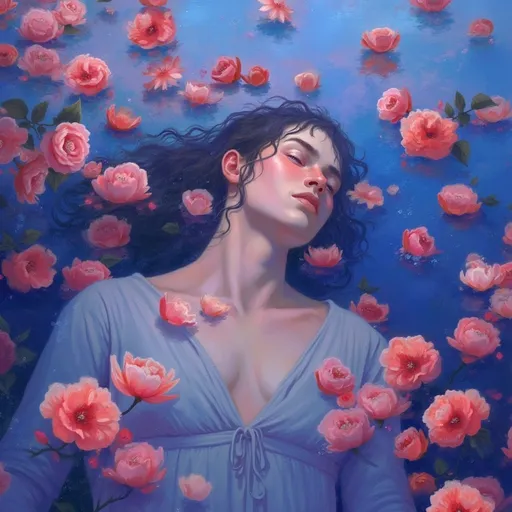 Prompt: woman submerged in crystal-clear water, looking upwards with serene expression, surrounded by vibrant rose petals drifting gracefully, soft diffused lighting casting gentle reflections, dreamy atmosphere, tranquil vibes, slight ripples creating mesmerizing patterns in the water, ultra-detailed, 4K, cinematic quality, ethereal beauty, poetic and romantic setting. Masterpiece quality.