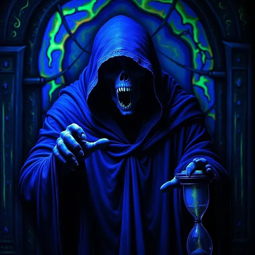 Prompt: Grim Reaper (mysterious, hooded figure), holding an hourglass (intriguing detail), dramatic shadowy background, ethereal, darkly atmospheric, deep contrast between light and shadow, convey a sense of foreboding time, high depth cinematic masterpiece, fantastical essence, ultra-detailed, evokes contemplation and introspection, captures the essence of mortality and the passage of time. (Black light art)