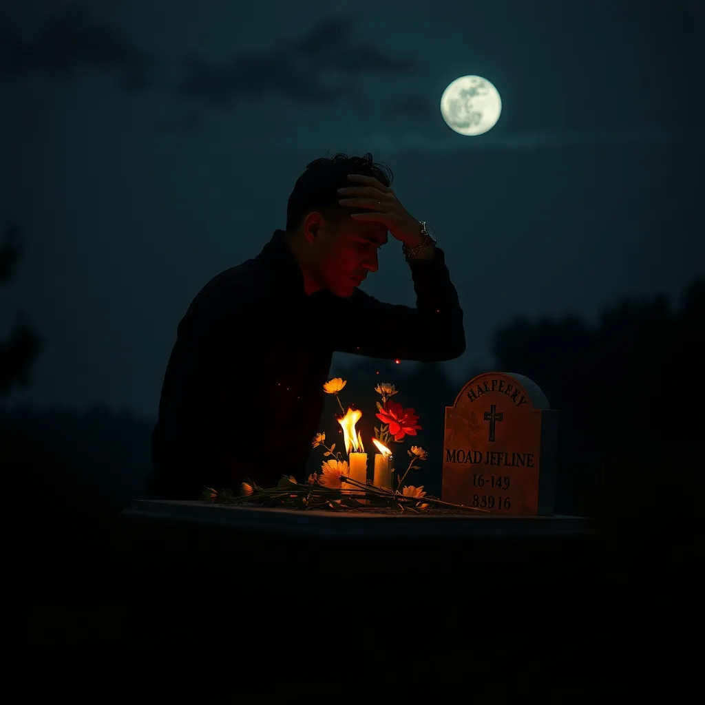 Prompt: Dark silhouette of a man sitting next to a grave stone. Hands on his head. Flowers on fire. Fireflies. Moonlit. Somber, gloomy. Starlit.