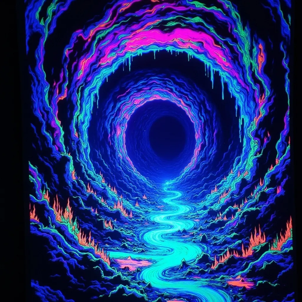 Prompt: (Giant void swirling with magical light), deep pit vortex, glowing neon colors, dark exterior, mysterious ambiance, energetic and ethereal light patterns swirling, grainy texture, low resolution for a vintage aesthetic, a surreal dream-like atmosphere. Capture the essence of magic and depth in this captivating scene. (Black light art)