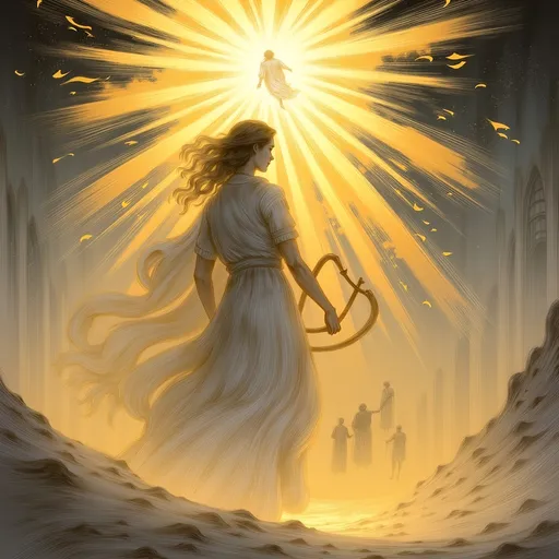 Prompt: Apollo, (God of the Sun), radiant golden light pouring down, ethereal presence, holding a lyre, surrounded by a celestial atmosphere, vibrant sun-beams, illuminating the background with a dreamy haze, inspired by classical mythology, capturing divine serenity, flowing robes, detailed symbolism, (highly detailed), (4K).