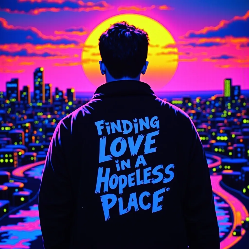 Prompt: Dark silhouette of a man facing a city. In the sky, clear and readable text says 'Finding love in a hopeless place,'on the man’s jacket. black light art style with glowing, ethereal neon effects. The background shows a calm sun, with soft, warm colors fading into darker tones, creating a peaceful yet haunting atmosphere over the city.