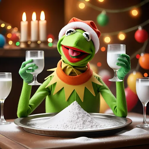 Prompt: (Kermit the frog), playful pose, facial expression of mischief and delight, white powder covering his face, holding a glass tray stacked high with white powder, lively party atmosphere, vibrant colors, colorful decorations in the background, joyous ambiance, warm lighting creating a festive feel, ultra-detailed, captivating scene, HD quality.