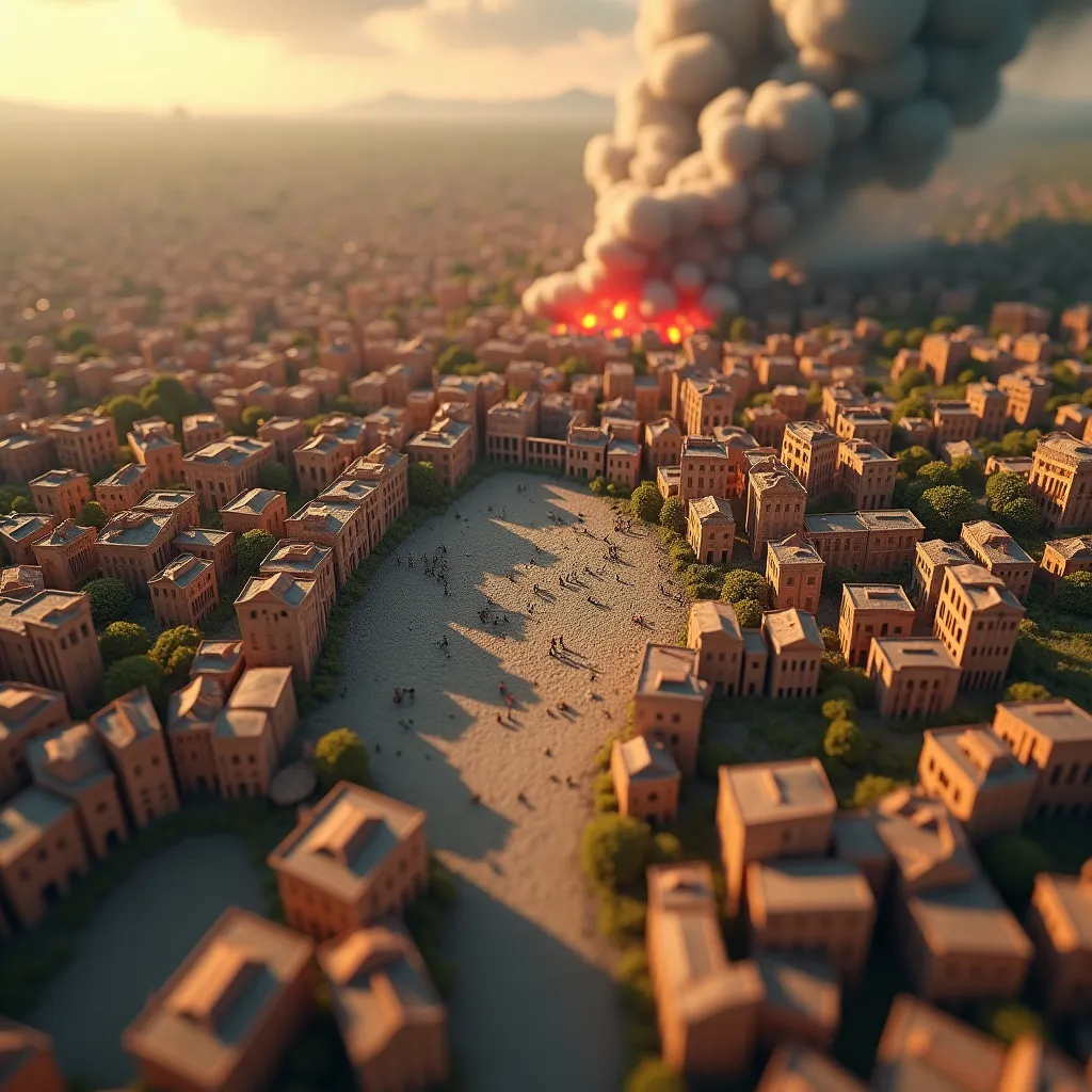 Prompt: aerial view, tilt-shift, isometric miniature world, detailed landscape world render of the fall of Rome