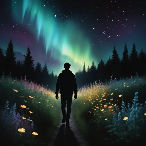 Prompt: Dark silhouette of a man walking through flowers with both hands out touching the flowers as we walks by. Moonlit, fireflies, aurora borealis.