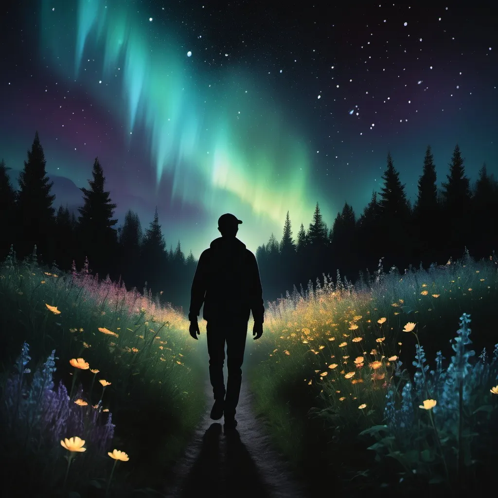 Prompt: Dark silhouette of a man walking through flowers with both hands out touching the flowers as we walks by. Moonlit, fireflies, aurora borealis.