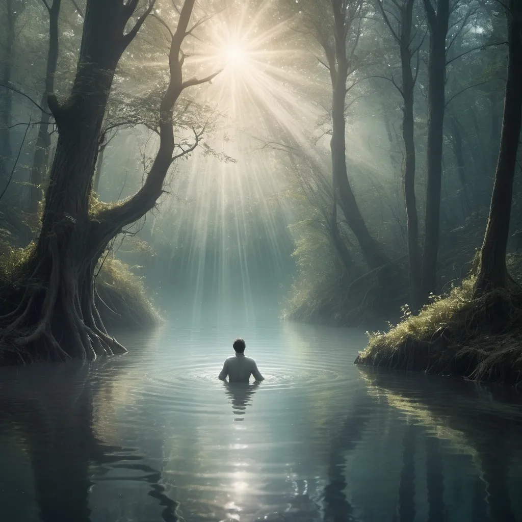 Prompt: (Man drowning in the woods), ethereal atmosphere, melancholic, mystical scenery, dreamlike landscape, soft (mute colors), intricate details, surreal elements, reflections on water, faded memories, enchanting light rays, wavy contours, sense of longing and isolation, high resolution, ultra-detailed composition.