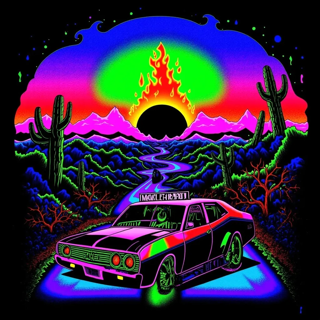 Prompt: (accurately spelled text "Make it happen") 1970s nova SS retrowave road into the sunset.