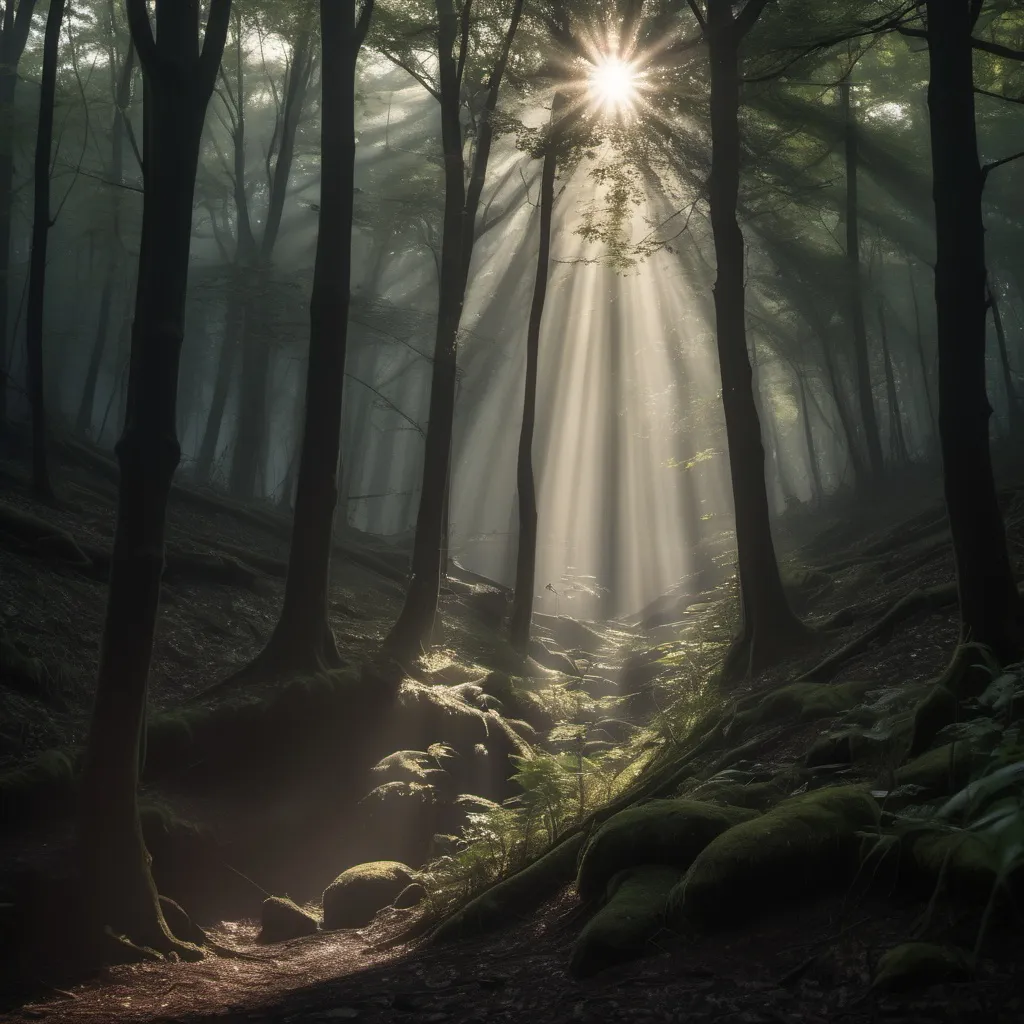 Prompt: Sunlight cascading across heavily wooded area, dark ground, misty, wondrous, magical.