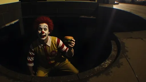 Prompt: (cropped image) (Ronald McDonald), holding a burger, lurking in a sidewalk gutter storm drain, eerie atmosphere, high depth, cinematic, grainy texture, retro vibes, dramatic shadows, unsettling mood, background obscured in darkness, captivating mystery, vintage film-like quality, dimly lit scene, vintage aesthetics, intriguing composition, haunting visual narrative, emotionally charged ambiance, moody contrasts, ultra-detailed.