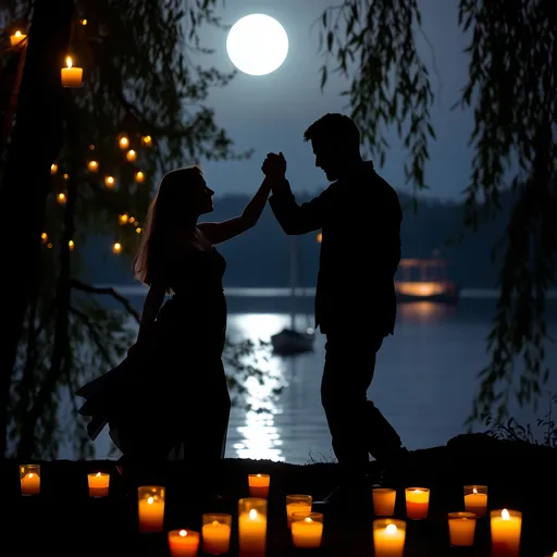 Prompt: Man and woman dark silhouette. Dancing. Moonlit. Candles in trees. Near a lake. Candles floating on water. Peaceful. Vibrant. 