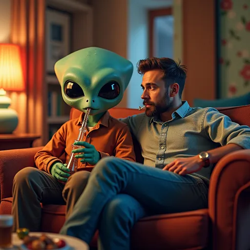 Prompt: man sitting on a couch next to an alien smoking a bong, (ahistorical and fantastical scene), vibrant colors, whimsical vibe, cozy atmosphere, detailed couch upholstery, side table with snacks and drinks, curious expression on the man's face, individualistic style of the alien, warm ambient lighting, surreal twist, ultra-detailed, 4K resolution