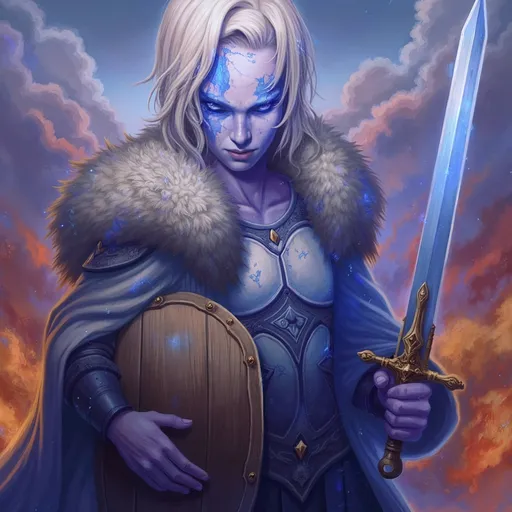 Prompt: Shield maiden, (silver blonde hair), (deep blue eyes), (battle-scarred face) white skin, blue face paint, intricate blue body art, wooden shield, fur-covered silver armor plates, (silver blade), (gold-hilted sword), (masterpiece quality), (highly detailed), (anatomically correct), (dramatic lighting), (epic battlefield background), (intense atmosphere), ultra-detailed, vibrant colors.